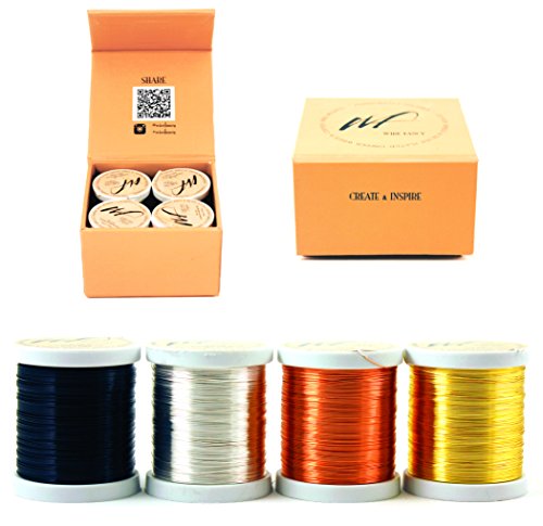 Wire Fancy Tarnish Resistant Silver Plated Copper and Copper Wire Set of 4 spools. Wire for Wrapping Jewelry Making Beading Artistic Craft Wire kit (28 Gauge, WF Color Set 1, 1)