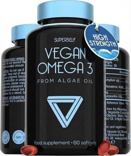 Vegan Omega 3 Capsules - High Strength DHA from Algae Oil with Flaxseed Oil Astaxanthin Vitamin E - Algae Omega 3 Vegan - 60 Easy Swallow Softgel Tablets - Sustainable Vegetarian DHA Supplements