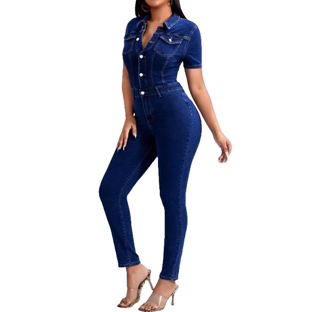 Tuta da Donna in Denim a Maniche Corte con Bottoni Pagliaccetti della Tuta in Jeans Skinny Elasticizzati