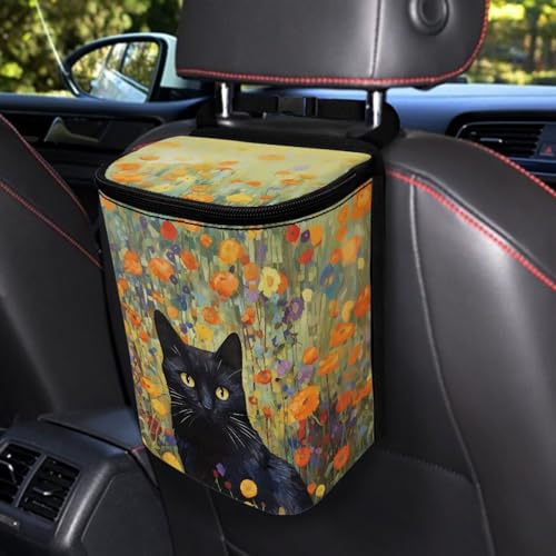 Image of Talayituse Cat Flower Print Car Trash Can with Lid, Leak Proof Auto Trash Bag Hanging Vehicle Garbage Can Multipurpose Storage Container for Back Seat Road Trip