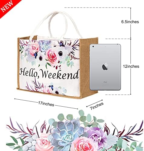 Women's Tote Handbags FACHNUO Canvas Large Jute Shoulder Bag with Rose Flower Printing, Weaving Gift Tote Bag for Girls, Women, Spring, Weekend, Beach, Picnic, Outing 2 Women's Tote Handbags FACHNUO Canvas Large Jute Shoulder Bag with Rose Flower Printing, Weaving Gift Tote Bag for Girls, Women, Spring, Weekend, Beach, Picnic, Outing