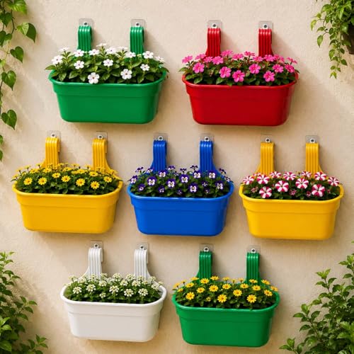 Image of Go Hooked 12 Inch Plastic Railing Hanging Planter Pot Set of 7 | Rectangular Flower Pots with Double Hook for Garden Fence Balcony Indoor Outdoor Home Decor | Durable Plant Container (Multicolor)