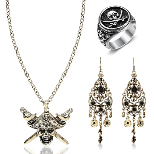 Bijoux Pirate, Halloween Pendentif Tête de Mort en Alliage de Zinc avec Aspect Laiton, Bague Teschio Noire, Boucles d'Oreilles Franges Dorées, Idéal pour...