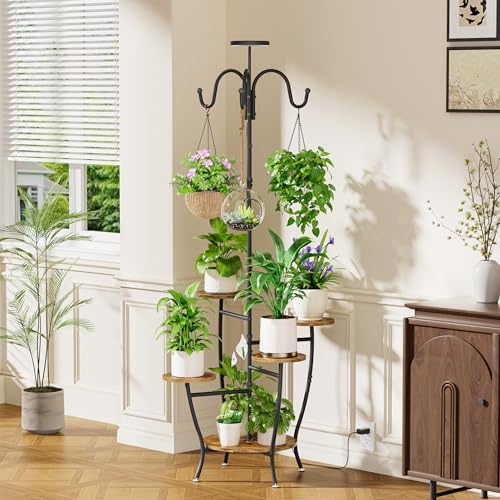 Image of BACEKOLL Plant Stand with Grow Lights 5 Tier Tall Indoor Plant Shelf 72 inch | 5-Tier Corner Plant Stand, 72 inch Tall with Grow Light, 3 Hooks, Adjustable Brightness /Timer, Iron Frame, for Living Room, Black