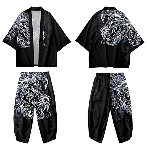 Image of DOSLAVIDA Men's Japanese Kimono Jacket Set Stylish Open Front Coat With Shorts Chinese Style Printed Cardigan Suit