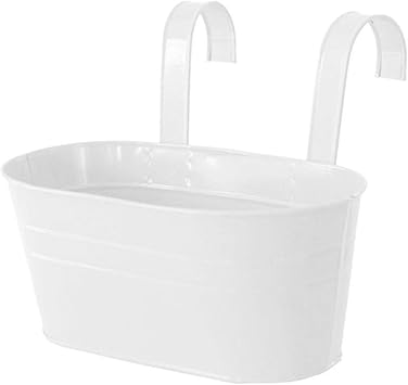 Hanging Flower Pots Vase,Oval Metal Balcony Plant Holder with Hooks,Iron Wall Hanging Planter Bucket for Railing Fence Garden Home Decoration,White