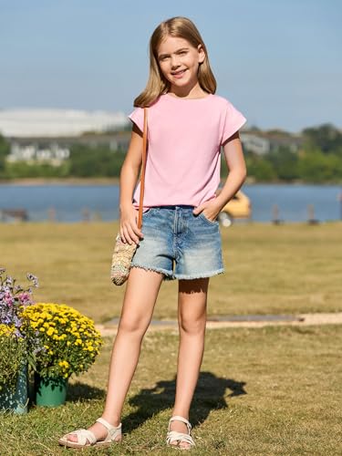 Image of Haloumoning Girls Cap Sleeve T Shirts Kids Summer Crewneck Solid Tops Tees 5-14 Years
