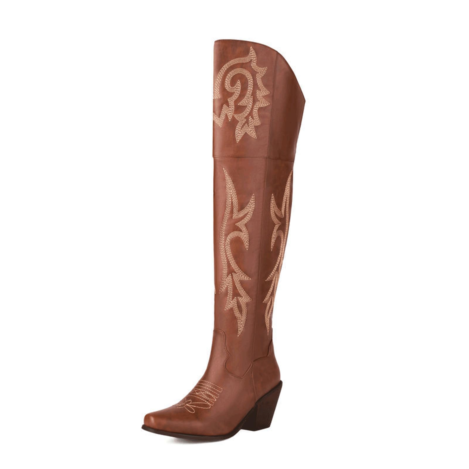 Hohe Cowboystiefel für Damen, bestickte Overknee-Westernstiefel mit quadratischer Zehenpartie, oberschenkelhohe Ritterstiefel mit Winterblockabsatz