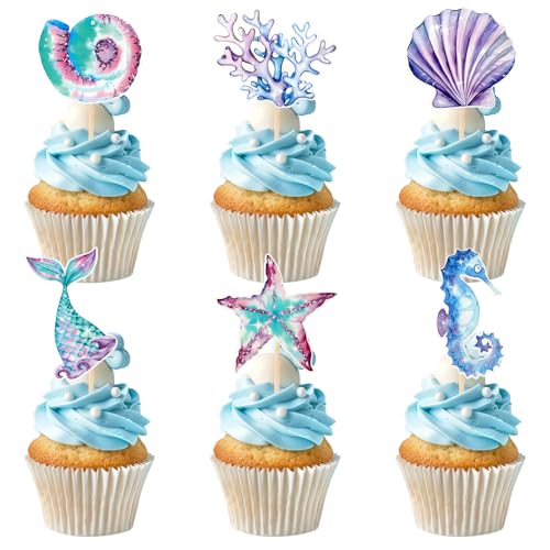 36Pcs Mermaid Tail Cupcake Toppers, Mini Under the Sea Shell Cake Decorations for Girls Mermaid theme Birthday Party Supplies