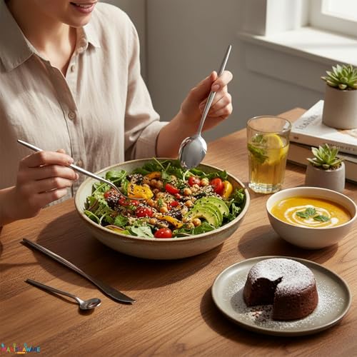 Image of Slim Handle Silver 4 Pcs Stainless Steel Cutlery Set for Dining Table, Dishwasher Safe Glossy Flatware (1 Spoon Set + 1 Forks Set + 1 Butter Knife + 1 Dessert Spoon)