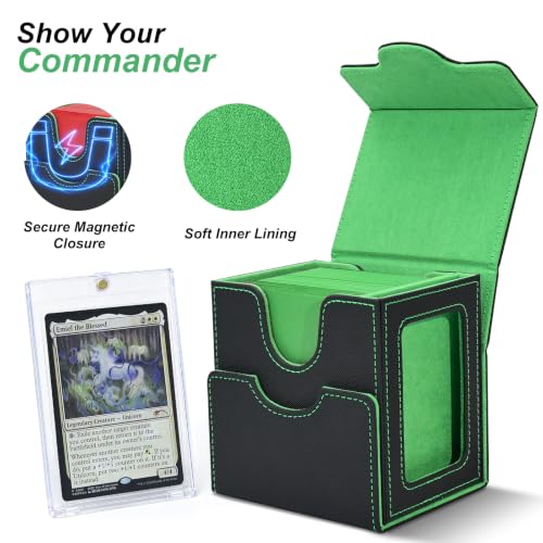 RyshePro Card Deck Box for MTG with Display Window, Commander Deck Box Fits 100+ Double-Sleeved Cards, Magnetic Closure Card Storage Box with Divider, Dice Tray and 35PT Card Holder, Black Green — view 3