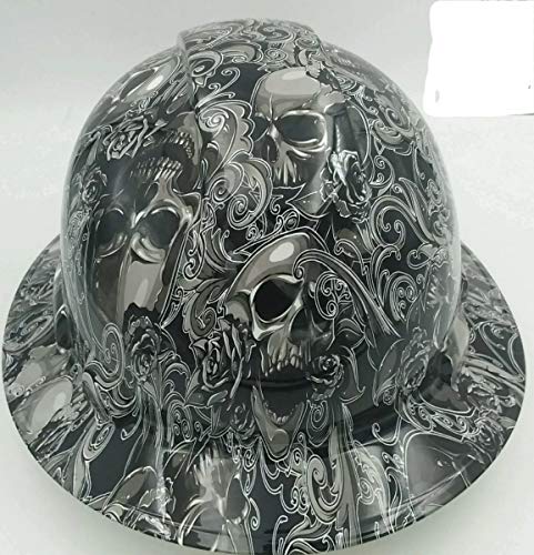 Wet Works Imaging Customized Pyramex Full Brim White Skull and Roses Hard Hat with Ratcheting Suspension