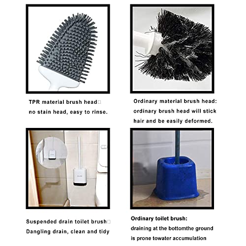 Image of Sellemer Silicone Toilet Brush, Ventilation Slots Holder 2 Pack Pearl White | Flexible Bristles Flat Head for Rim, Hair Tangle-Free, Easy to Clean, Compact Design, Rustproof Handle, for Toilet /Sink /Tub