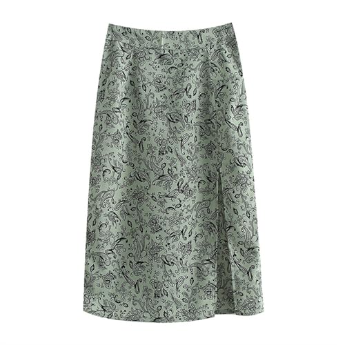 Mittellanger, Angesagter Retro-Rock mit roter Cashew-Blume, eleganter hoher Taille und schlankmachendem Schlitz. A-Linien-Rock – grüne Cashew-Blume – L