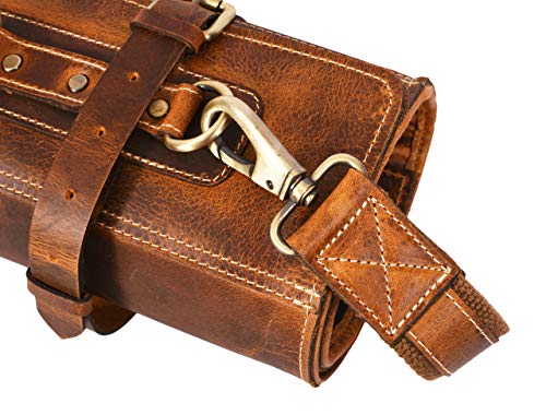 Aaron Leather Goods Leather Knife Roll Storage Bag | Elastic and Expandable 10 Pockets | 6 Leather Pocket | Travel-Friendly Chef Knife Case Roll (Caramel, Leather) - Image 8