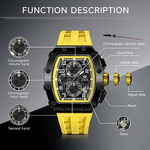 Image of TSAR BOMBA Mens Luxury Watch Watches for Men 50M Waterproof Japanese Quartz Movement Tonneau Stainless Steel Case Sapphire Glass with Chronograph Date Function Cool Unique Fashion Gift
