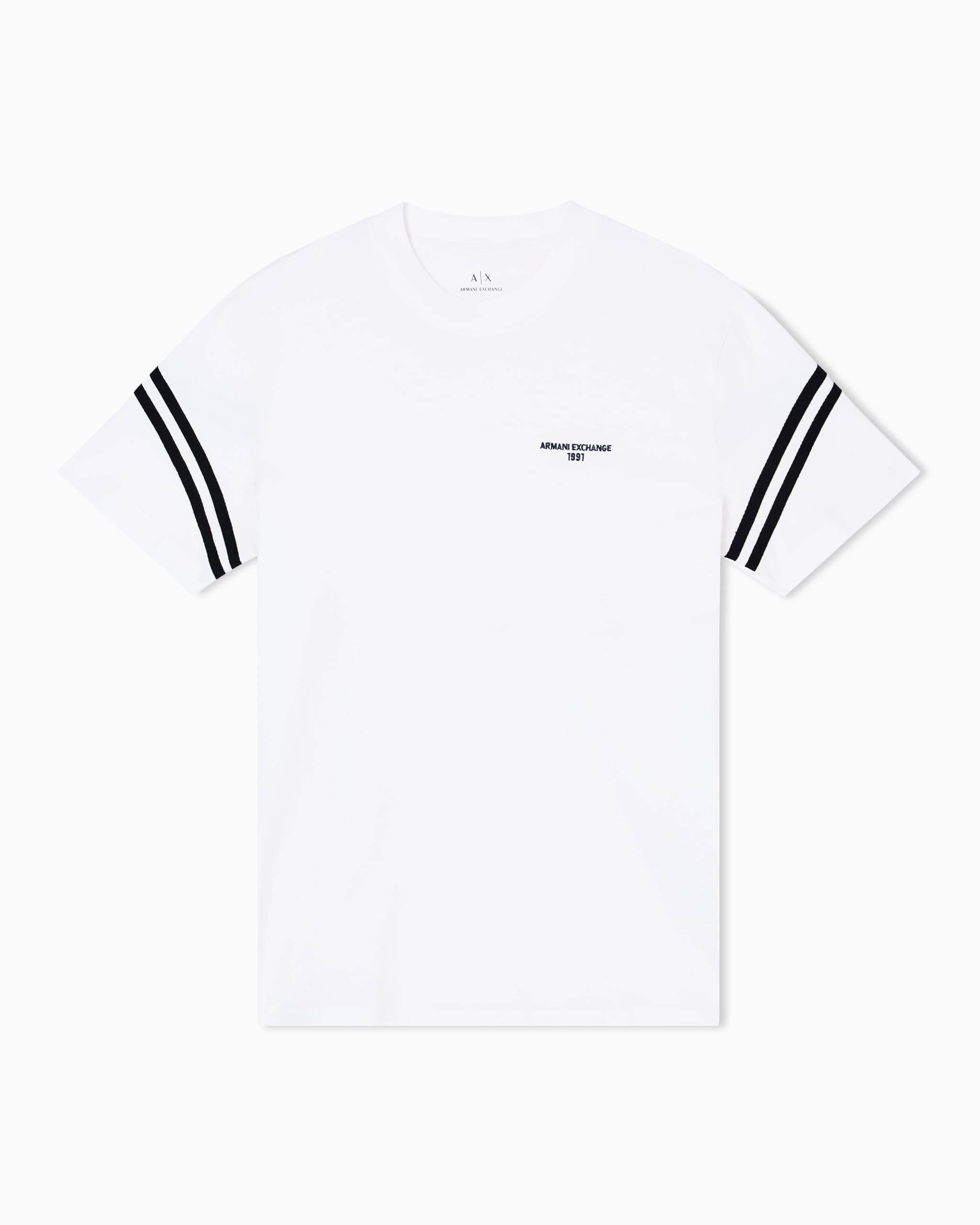 Armani Exchange Men's Striped Sleeve Side Logo Round Collar T-Shirt Off White M