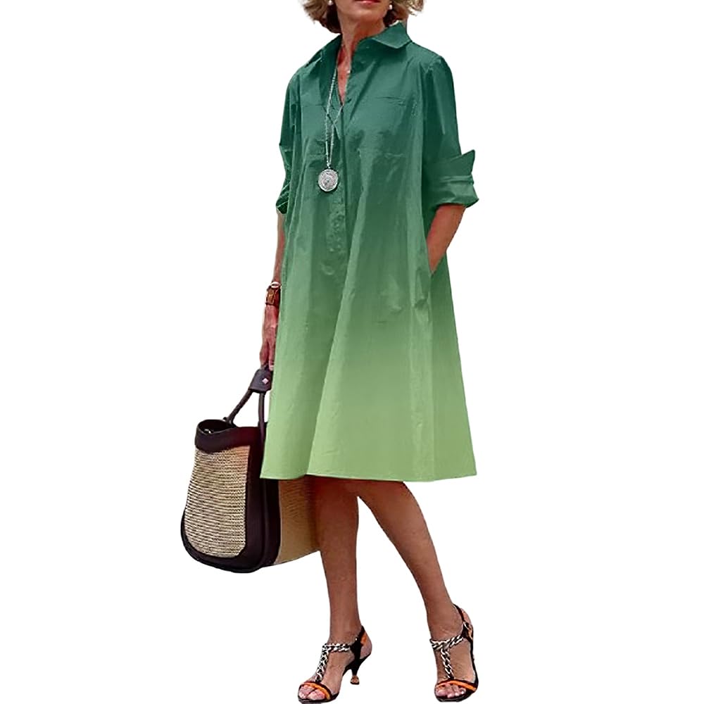 Womens Linen Long Sleeve Simple Printed Button Down Shirt Dress Plus Size Loose Shirt Dresses for Women with 2 Pockets