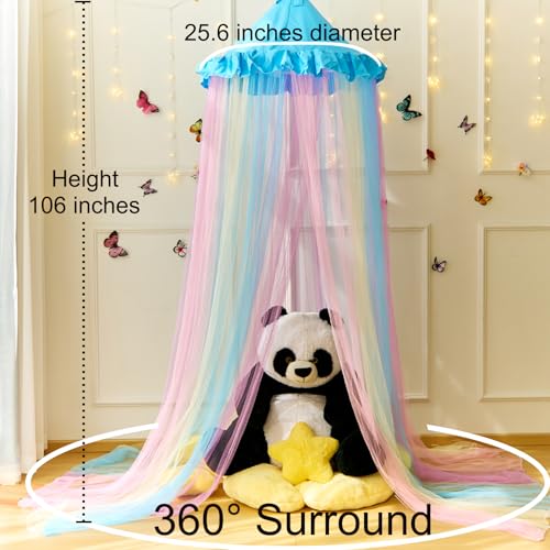Image of Blue Rainbow Bed Canopy Twin Size Breathable Canopy Bed Curtain for Bed,Princess Play Tent for Girls Bedroom Decoration Reading Nook