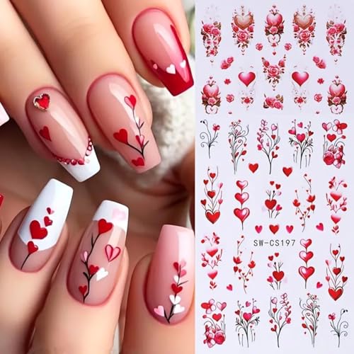 6 Sheets Valentine’s Day Nail Art Stickers 3D Self Adhesive Hearts Rose Love Car Nail Decals Romantic Design Acrylic Nail Stickers Valentine's Day Nail Art Supplies for Women Girls Nail Decoration