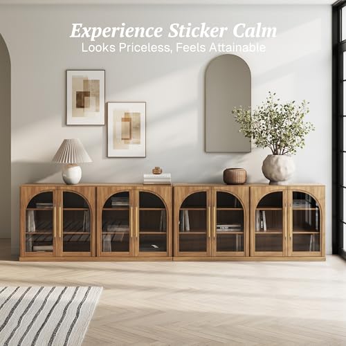 Image of BELLEZE Set of 2 65 inch Arched Sideboard with Glass Door, Accent Buffet Cabinet with Storage and Adjustable Shelves, Classic Modern Large Console Sideboard for Living Room Kitchen Entryway (Camel)