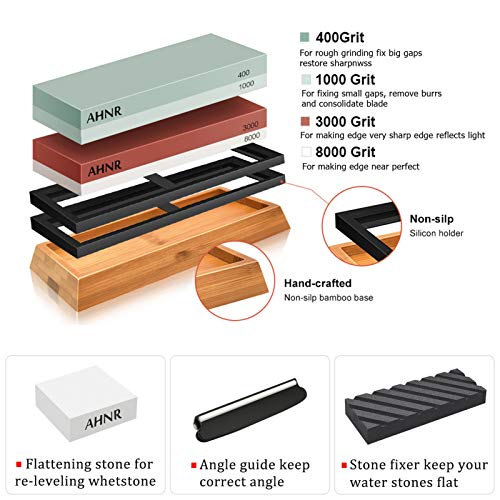 Knife Sharpening Stone Set - 4 Side Grit 400/1000 and 3000/8000 Waterstone, AHNR Professional Knife Sharpener Whetstone Kit Includes NonSlip Bamboo Base, Flattening Stone & Angle Guide