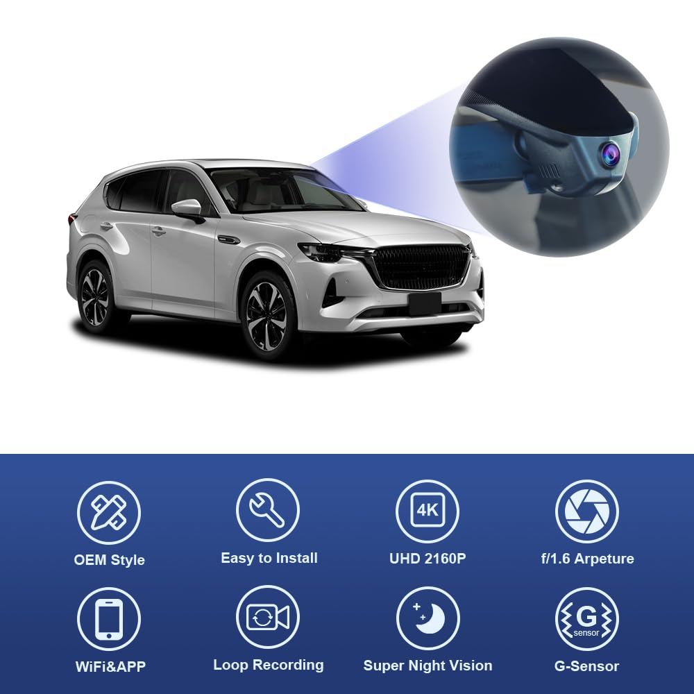 Fitcamx Dashcam Compatible avec Mazda CX-60 CX60 2022-2026 (HD2-6607), OEM Caméra de Voiture vidéo 4K UHD WiFi, G-Senseur, Vision Nocturne, Enregistrement en Boucle, WDR, Plug & Play, Carte 64 Go