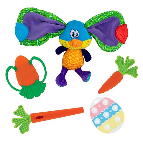 Nuby Baby Play and Explore Easter Gift Bundle – Silicone Carrot Tube Teether, Veggie Teether, Carrot Massaging Teether, and Teether Tugz Plush Toy – Easter Basket Stuffers for Babies