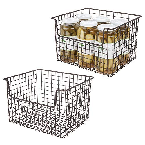 mDesign Metal Kitchen Pantry Food Storage Organizer Basket - Farmhouse Grid Design with Open Front for Cabinets, Cupboards, Shelves - Holds Potatoes, Onions, Fruit - 12