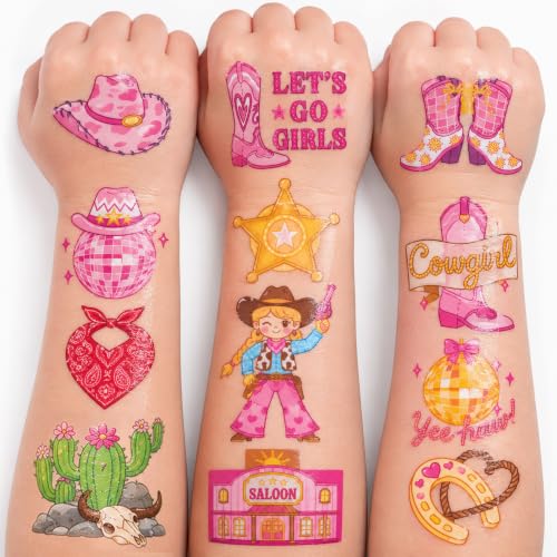 Image of 120 PCS Pre-Cut Cowgirl Temporary Tattoos for Kids Birthday Party Favors | Super Cute Disco Western Themed Supplies, Decorations, Pink Fake Tattoo Stickers, Gifts, School Rewards for Girls