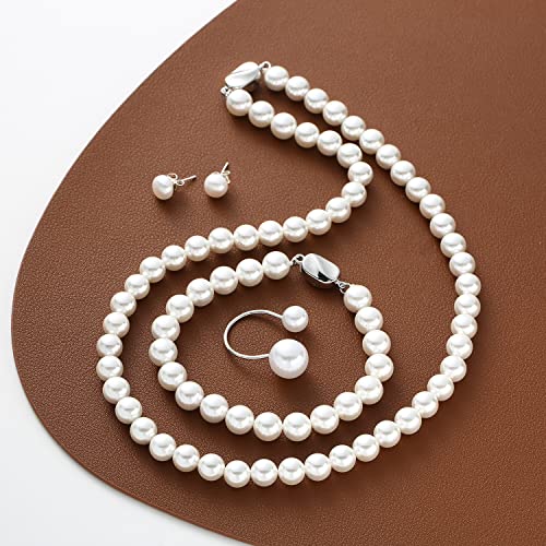 Ausger Pearl Necklace Set For Women Girls,Complete Set Of Pearl Jewelry Includes Bracelet Stud Earrings Ring,Birthday Christmas Gift For Wife Mom Sister With Jewelry Box(White) #TOP5