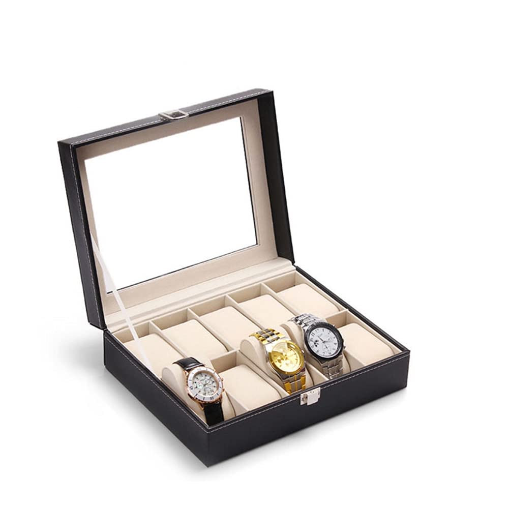 Ejoyous Boîte de montre de 10 grilles, étui de rangement de montre en cuir d'unité centrale, boîte de montre de bijoux en bois présentoir de montre pour collier de bracelet 25 X 20 X 8 cm noir