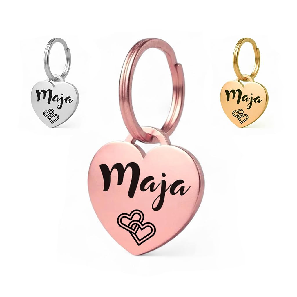 Herz Hundemarke mit Gravur | Personalisiert mit Name, Telefonnummer, Adresse, Wunschtext | 25 mm robuster Edelstahl Dog Tag, Namens-Anhänger für Hunde-Halsband