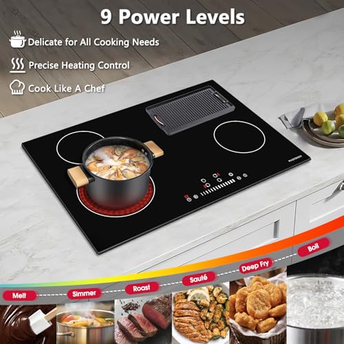 Electric Cooktop 30 inch, ECOTOUCH Built-in Electric Cooktop 4 Burner Stove Top, Radiant Electric Cooktop Stovetop with Kid Safety Lock, Timer, 9 Heating Level, 6800W, 220-240V for Hard Wire(No Plug) - Thumbnail 3