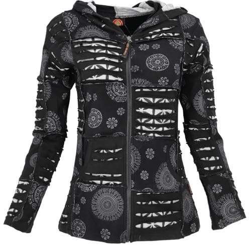 GURU SHOP Goa Patchwork Jacke, Boho Kapuzenjacke - Schwarz, Damen, Size:L