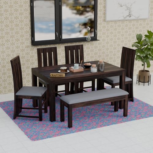 Image of 57 Inch Length Solid Sheesham Wood 6 Seater Dining Table Set | Six Seater Dinner Table with 4 Grey Cushions High Chairs & 1 Bench | Dinning Table Set 6 Seater for Living Room | Walnut Finish