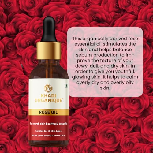 Image of Khadi Organique Rose Essential Oil for Hair Growth, Acne & Blemishes Control | 100% Pure & Natural Oil for Skin, Body, Diffuser, Aromatherapy & Relaxation | For Women & Men of All Skin Types - 15ml