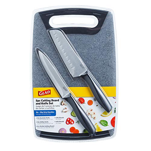 Glad Knife Set with Cutting Board, 5 Pieces | Sharp Santoku and Utility Knives with Blade Covers and Plastic Chopping Block | Kitchen Cooking Accessories - image 8