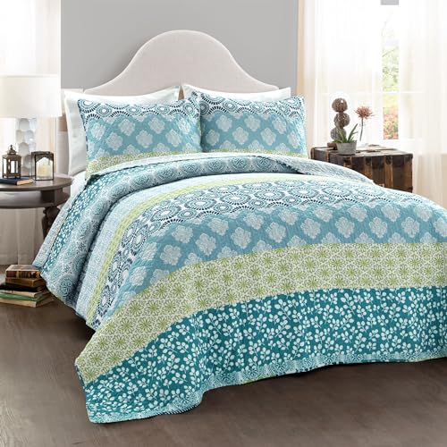 Lush Decor Bohemian Stripe Reversible Cotton Quilt Set, 3 Piece Set, Full/ Queen, Blue & Green - Striped Bedding Set - Blue Quilts Queen Size - Boho Decor