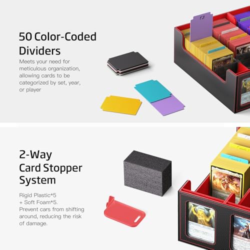 Image of Trading Card Storage Box 5-Row 3900+ Capacity,TCG MTG Card Case with Magnetic Lid & Commander Display,Top Loader Storage for Sports Cards,Includes Dividers Dice Box(Black Red)