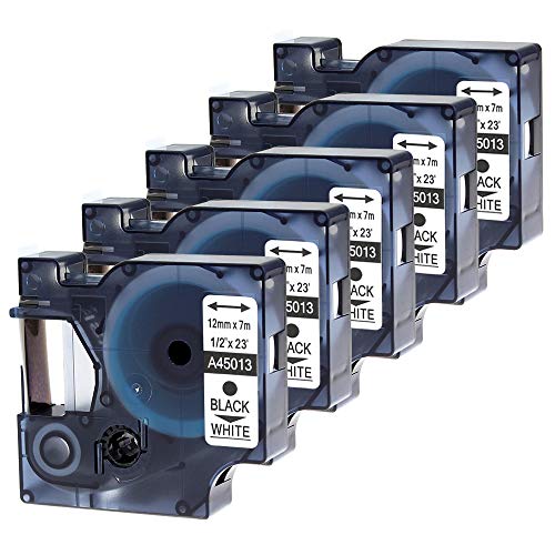 Wonfoucs kompatible Etikettenband als Ersatz für Dymo D1 12mm Schwarz auf weiß 45013 S0720530 Schriftband kompatibel mit Dymo LabelManager 160 160D 150 210D 280 420P (5er Pack, 12mm x 7m)