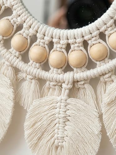 Image of JH Gallery Macrame Wall Decor Mirror - Round Cotton Rope Boho Hanging with Fringe & Beads for Stylish Home Decor, Macrame Wall Mirror for Bedroom, Living Room and Office Decor.(White)