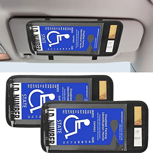 Handicap Placard Holder for Auto with Organizer Pockets Disabled Parking Permit Sign Protector for Car Sun Visor PVC Plastic Holders for Handicap Placard with Pen Holder for Automotive (2 Pcs)