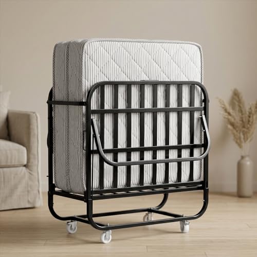 Image of Springwel Ultimate Rollaway Folding Metal Single Bed | 6 - Inch Foldable Mattress for Extra Comfort | Lockable Wheels | 190x90 cm | Black