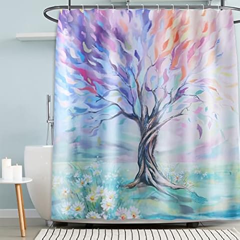 Oil Painting Blooming Tree Shower Curtain Colorful Seasons Nature Tree Floral Landscape Bath Curtain Creative Bathroom Decor, 72" W x 72" L Cover
