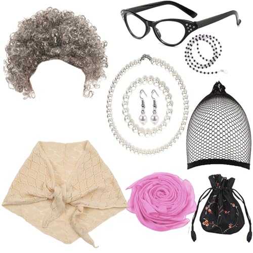 Peluca de abuela para mujer y accesorios de escenario para disfraces de carnaval