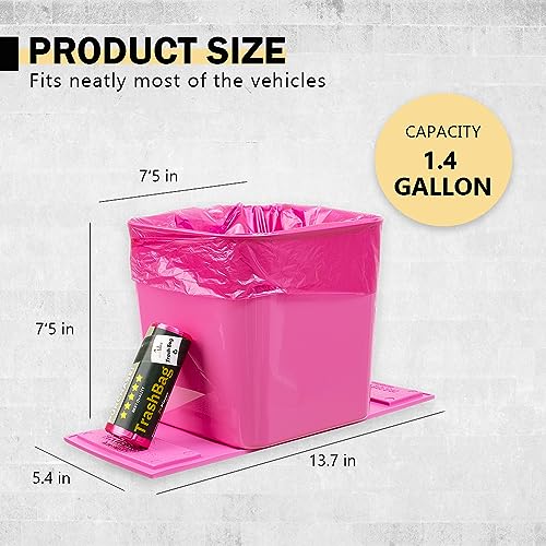 Image of Car Trash Can - Leakproof 1.4 Gallon Compact Garbage Bin with Stability Flap & Anti-Slip Base | Portable Trash Holder for Cars, Trucks, SUVs, Minivans - Includes Trash Bags (Pink, Large)