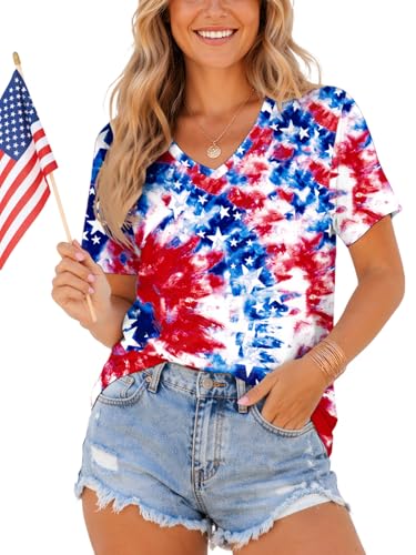 Patriotic Summer T-Shirts Memorial Day Star Stripe Shirts Red White Blue Women Tops XL