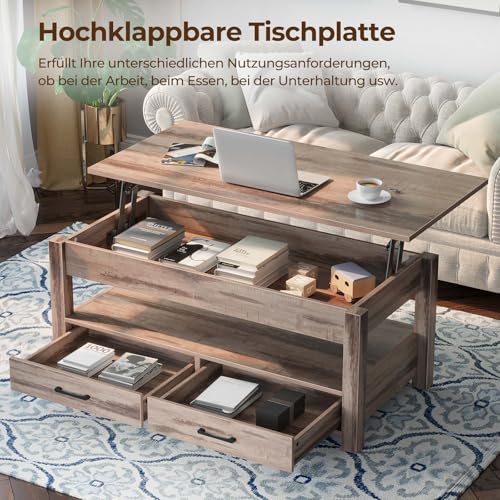 Couchtisch Höhenverstellbar, Couchtisch mit 2 Schublade, Hubplatte, Wohnzimmertisch mit Verstecktes Ablagefach, für Wohnzimmer – Bild 6