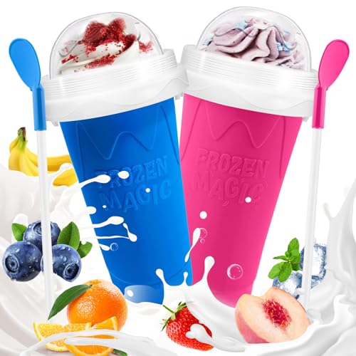Slushie Cup, 2 Pack Slushy Maker Cup, Frozen Magic Squeeze Cups for Juice Milk Yogurt Ice Cream Make, DIY Smoothie Cooling Cup with Lid & Straw for Kids Friends Family (Blue+Pink)